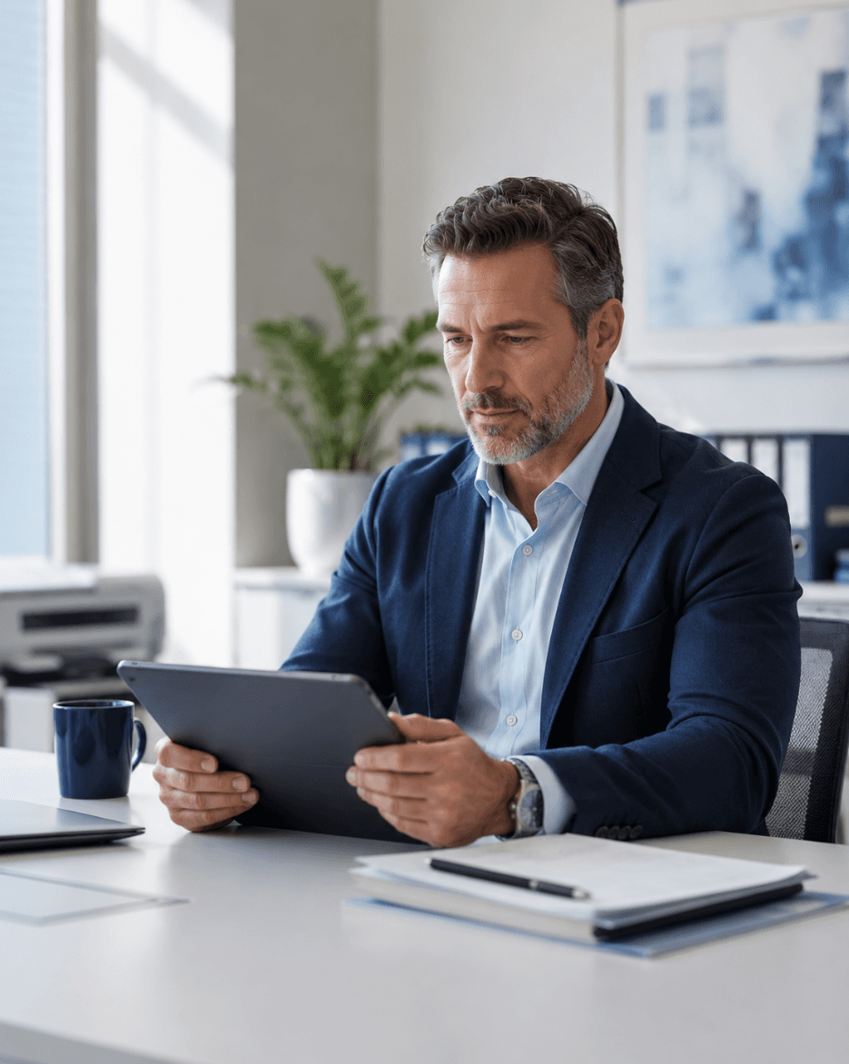 Physician reviewing information at a desk