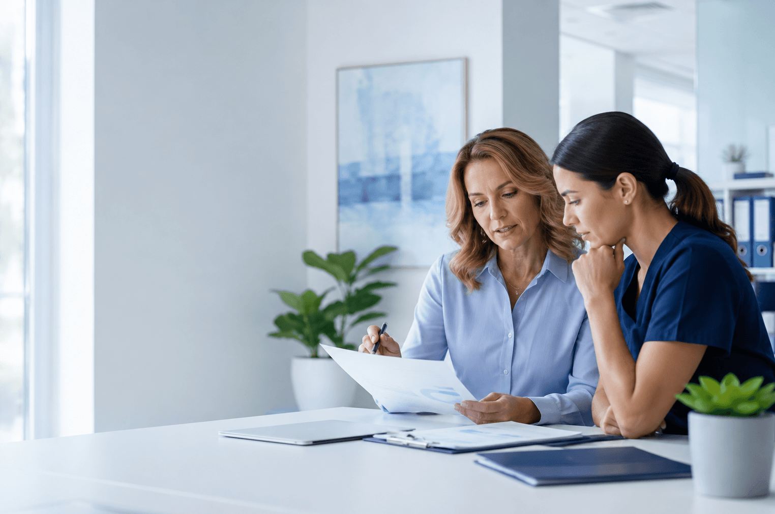 Healthcare professionals reviewing information together